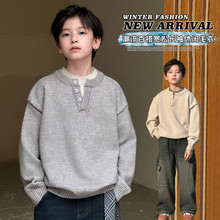 2025秋冬新款韩系潮牌双立领纽扣时尚毛衣中大童儿童男孩纯色上衣