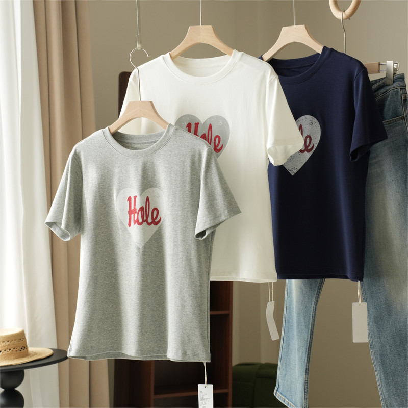 Women's Round Neck Printed Short-Sleeved T-Shirt, Regular Shoulder Cotton-Feel Base Half-Sleeve Casual Stretch Top, Summer Style Women's Clothing