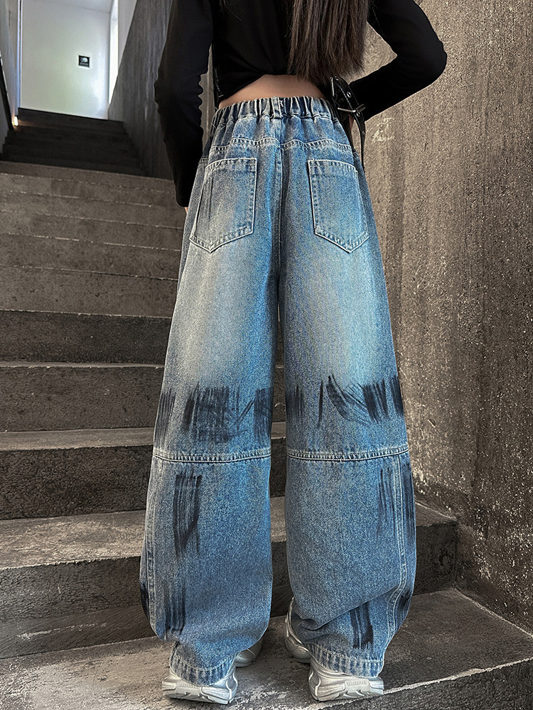Spot Spring New Paint Style Hole Girls Fashion Children's Miscellaneous European And American Jeans Denim Loose Pants_viptrois.com
