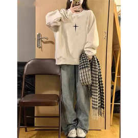 山东即墨秋冬加绒白灰色oversize无帽圆领卫衣外套女新款春秋上衣