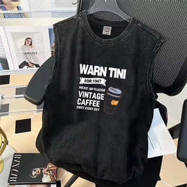 男童复古水洗无袖t恤夏季中大童卡通纯棉坎肩马甲背心青少年上衣