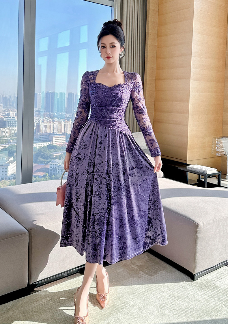 Đầm maxi nữ cổ vuông nhung thêu tay bồng thắt eo — đen chi tiết 11