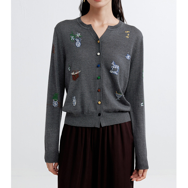 【Exclusive Order】2026 Autumn New Style Women's Henley Collar Long Sleeve Intarsia Silk Cashmere Dark Gray Knit Cardigan