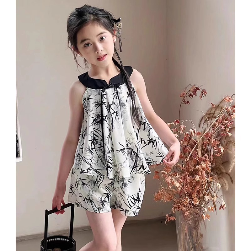Girls' 2024 summer new Chinese style sleeveless ink bamboo leaf cool top loose shorts two-piece set trendy_voghion.com