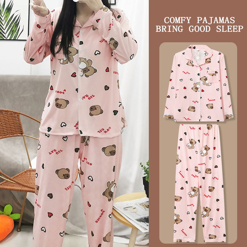 Spring and Autumn Pajamas for Women, Lapel Collar, Student Girl Style, Long-Sleeved Cartoon Simple Casual Home Wear Two-Piece Set
