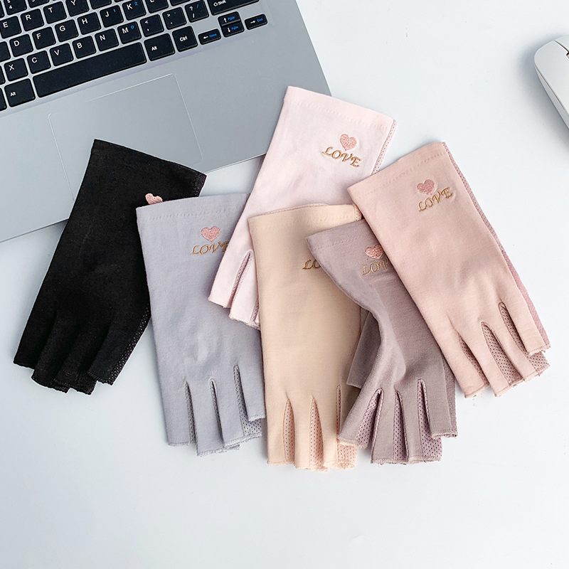 Half finger gloves sun protection women's summer driving anti-UV cotton thin cycling non-slip half finger manicure gloves
