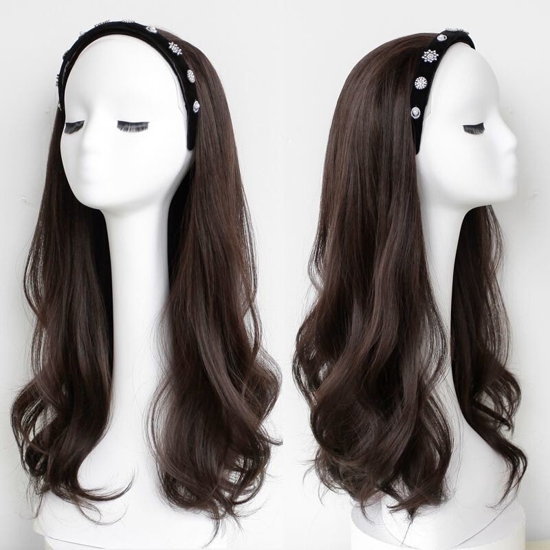 Headband Wig for Women with Long Curly Hair, Half Headgear, Korean Hairstyle, Natural Big Waves, Princess Two-Dimensional New Style, Ancient Style Headband Wig for Women with Long Curly Hair, Half Headgear, Korean Hairstyle, Natural Big Waves, Princess Two-Dimensional New Style, Ancient Style