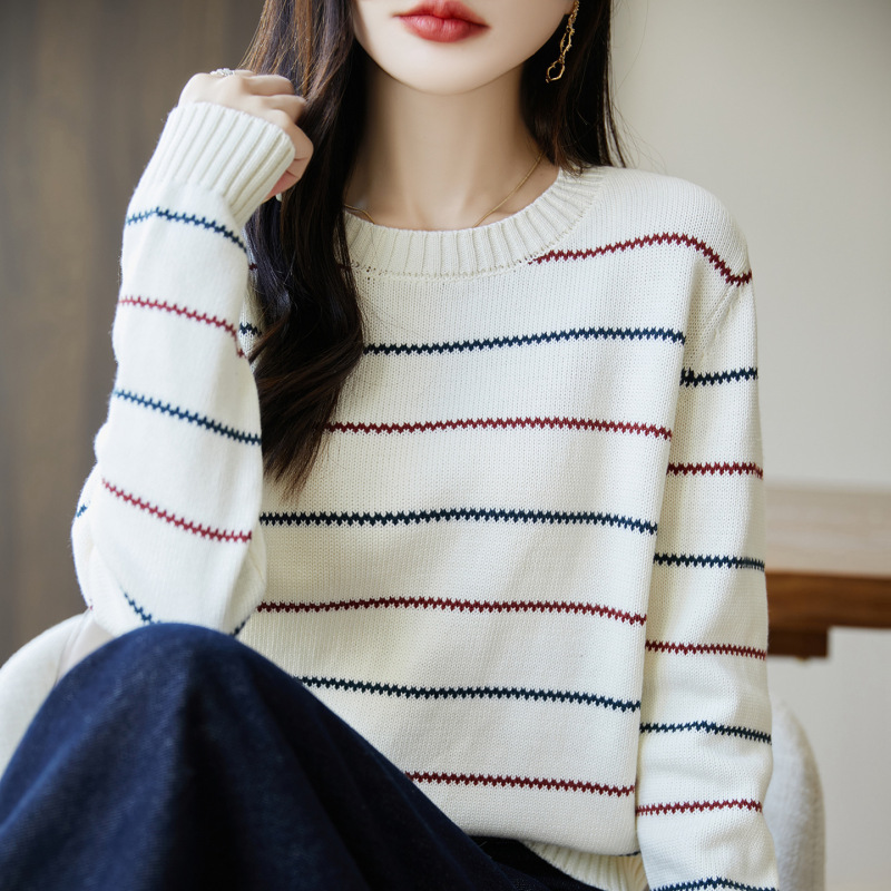 波浪线条纹圆领毛衣女线撞色长袖秋冬软糯纯棉内搭针织打底衫|undefined