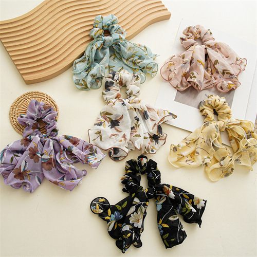 Japanese and Korean version of ins style floral overlay ponytail hair tie ribbon high-end temperament large intestine hair tie hair accessories