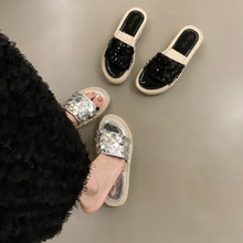 凉拖鞋女夏外穿2025新款韩版草编厚底网红时尚百搭银色亮片一字拖