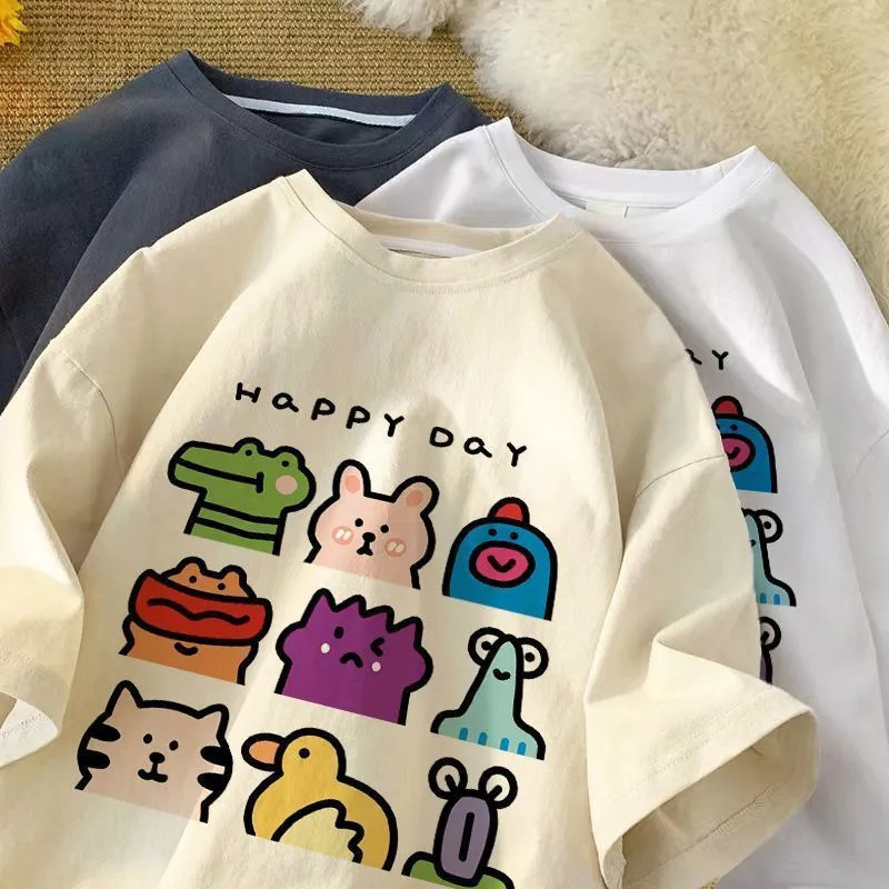 Heavy Cotton Hong Kong Style Trendy Fun Printed Short-sleeved T-shirt Women's New Summer Ins Loose All-match Fashionable Clothes