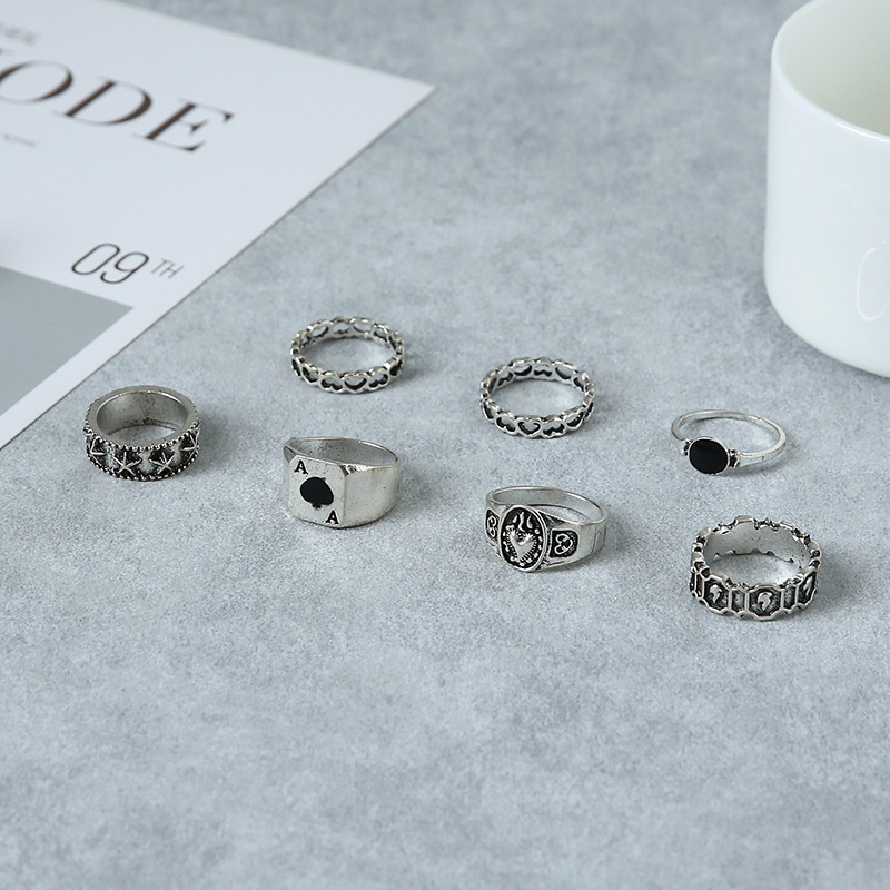 hot selling jewelry Fashion hollow love simple atmosphere dark retro spade love ring 7 piece set_senzul.com
