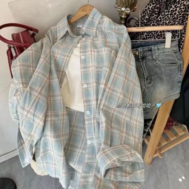 Korean Style Retro Blue Plaid Shirt for Women Early Autumn New Casual Flesh-Covering Mid-Length Loose and Versatile Sun Protection Shirt