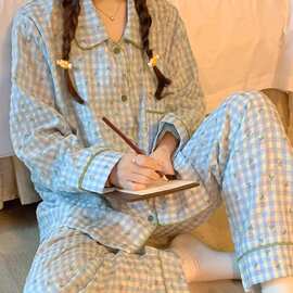 韩版花边睡衣女春秋长袖宽松可爱长袖长裤女家居服冬两件套可外穿