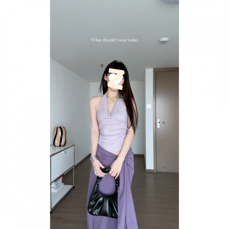 纯欲套装紫色挂脖露背吊带上衣女夏季新款辣妹绑带半身裙两件套|undefined