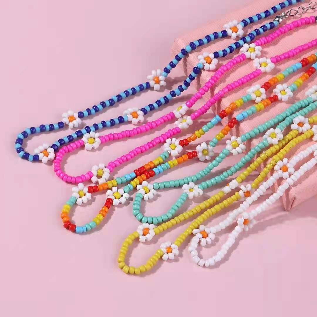 欧美米珠项链  波西米亚人工编织小雏菊花朵项链  亚马逊锁骨链女