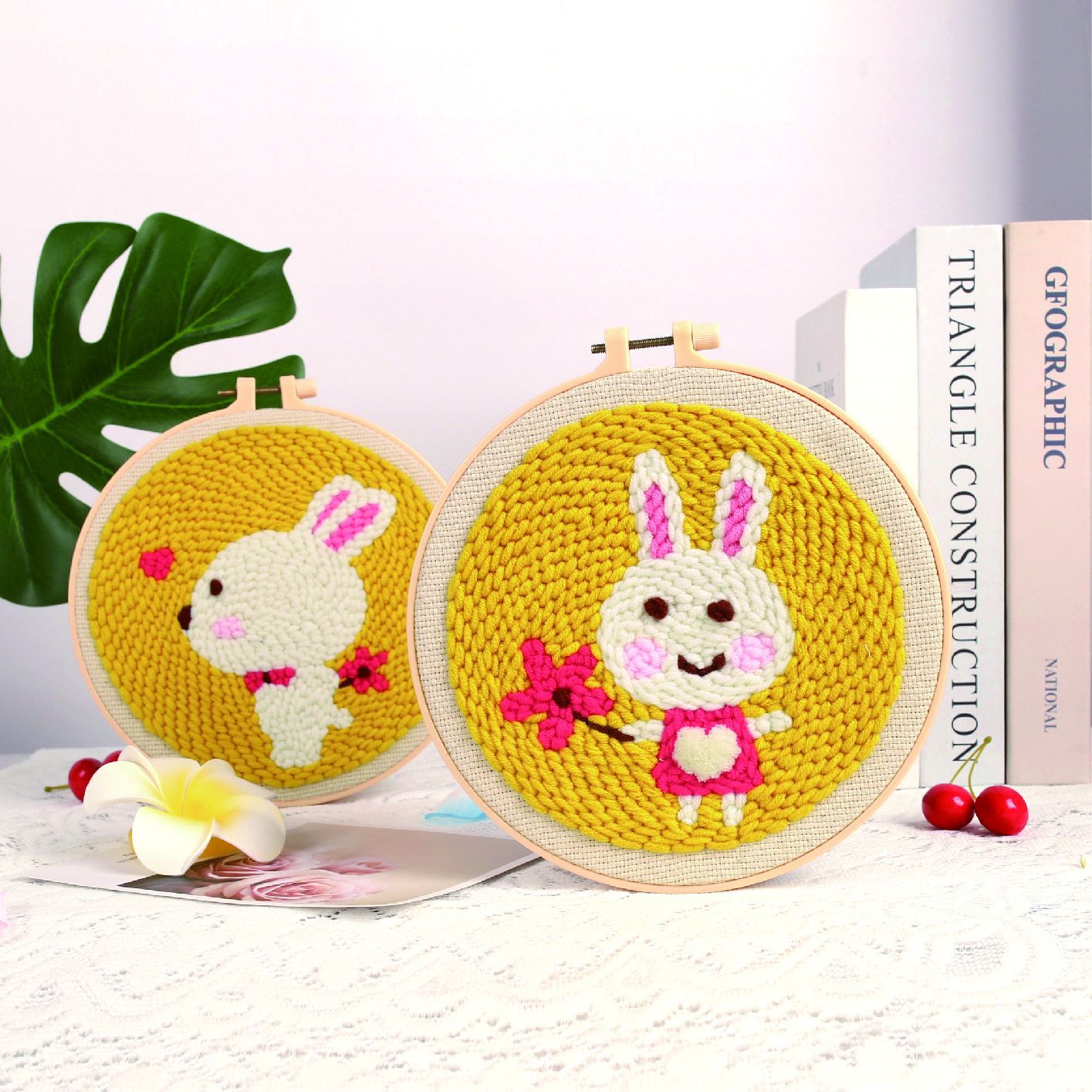 Bordado de pinchar-Love Rabbit (Conejo con flores) (productos no terminados) 20cm imitación bambú estirado-lana gruesa