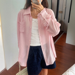 跨境欧美休闲度假纯色长袖纽扣衬衫女装2025秋冬亚马逊外贸独立站