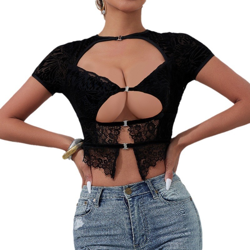 Europa y los Estados Unidos desnudos transfronterizos espalda abierta sexy encaje hueco empalme ajustado camisa de manga corta delgada interior