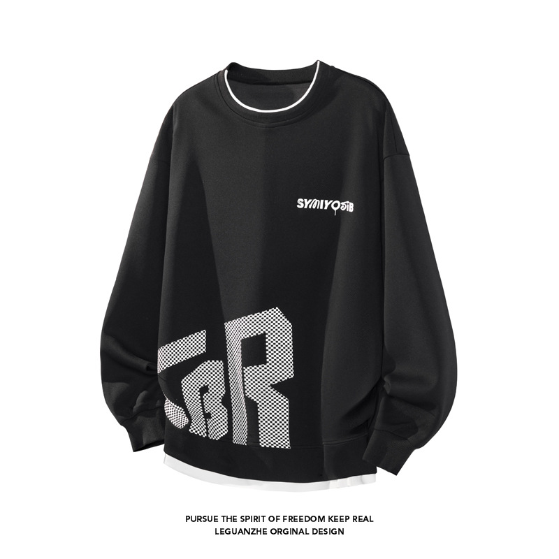 American High Street Retro Two-piece Crew Neck Sweatshirt Men, Versatile Loose Casual Base Shirt With Long Sleeves_voghion.com