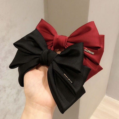 Three-layered satin large bow hairpin, internet celebrity's same style spring clip hair ornament for the back of the head, Korean style elegant fabric hair accessory