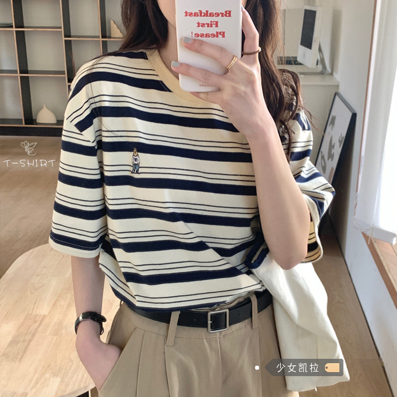Cross-border 2022 Summer New Embroidered Short-sleeved Striped T-shirt Women's Korean-style chic Loose Half-sleeved Student Top Trendy
