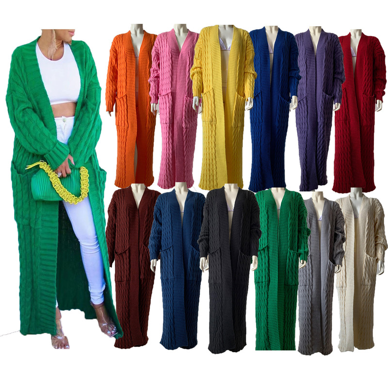 2024 Cross-border Long Knitted Sweater Jacket Cardigan Amazon Pocket Long Sweater Thickened Jacket European and American Women's New
