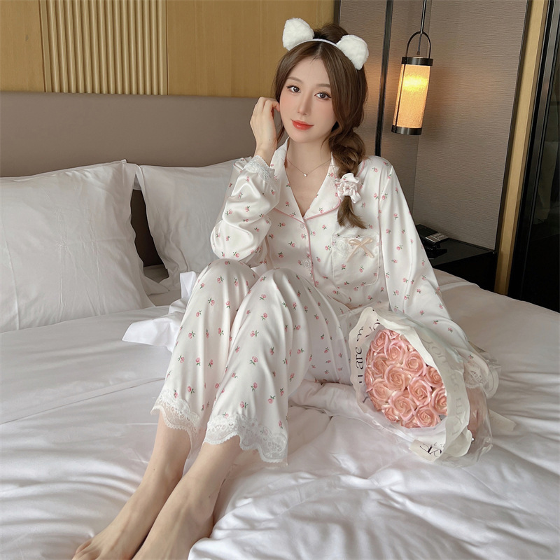 春秋睡衣女丝绸小碎花甜美韩版家居服长袖长裤薄款套装一件代发