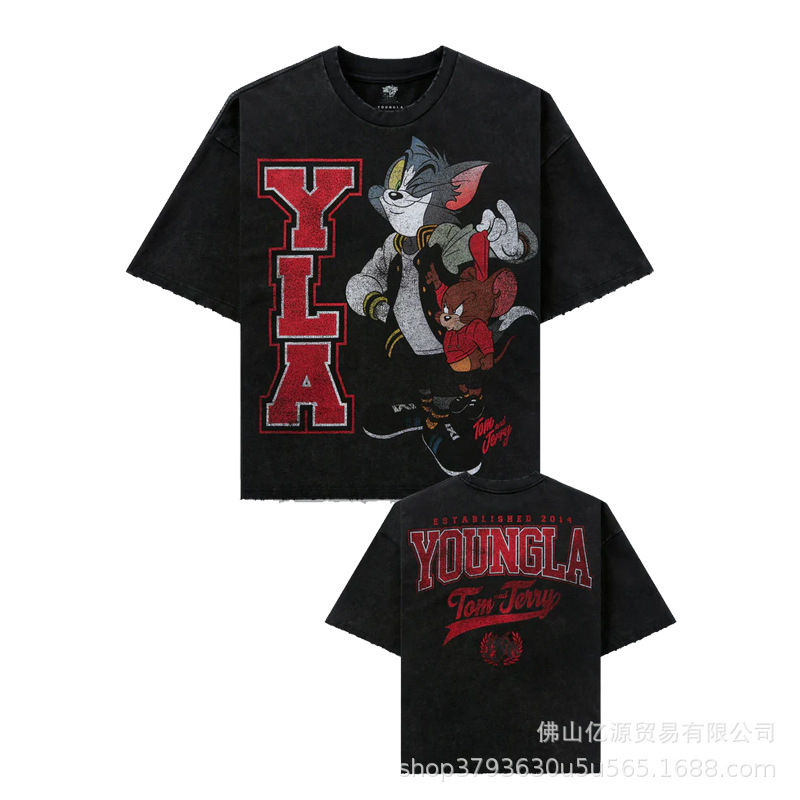 Youngla纯棉水洗肌肉运动宽松健身夏季短袖双面印花t恤休闲百搭|undefined