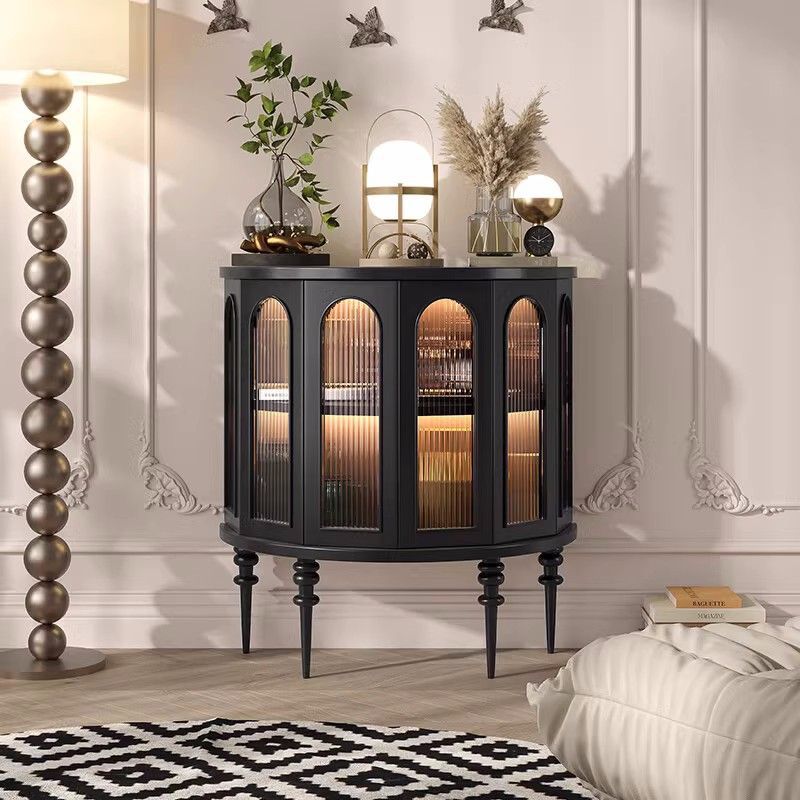 橡胶木实木玄关柜玻璃半圆靠墙走廊装饰柜黑色圆形复古入户门厅柜