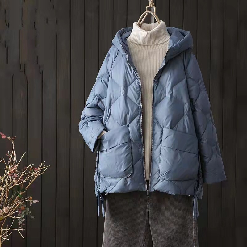 Cross-border Autumn and Winter New Hooded Down Jacket Women's Casual Large Pocket White Duck Down Mid-length Drawstring Waist Coat Trendy