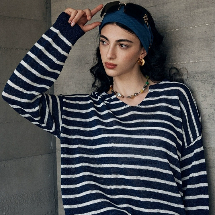 Свободная рубашка в стиле «Relaxing»侯麦 в стиле old money sea soul, японская крутая хлопчатобумажная пряжа васи, круглый вязаный V-образный вырез, длинные рукава