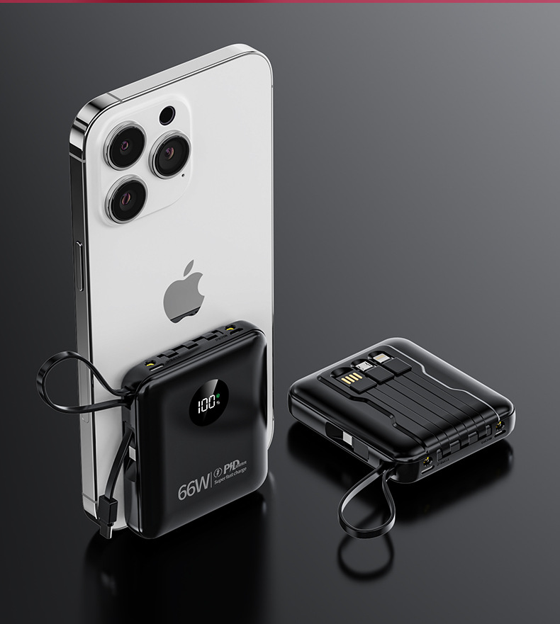 Toptan Mini Süper Hızlı Şarj 66W Powerbank 20000mAh Büyük Kapasiteli Dahili Kablolu Taşınabilir Şarj Cihazı Logo Baskılı
