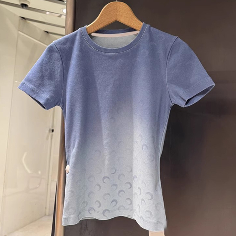 2025 New Summer Gradient Color Round Neck Moon Full Print Short-Sleeved T-Shirt Casual Versatile Top for Women