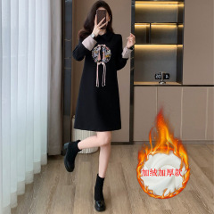 新中式民族風婦人服デザイン性のある黒の改良版旗袍ワンピース春秋の気品ある刺繍入り黒ワンピース