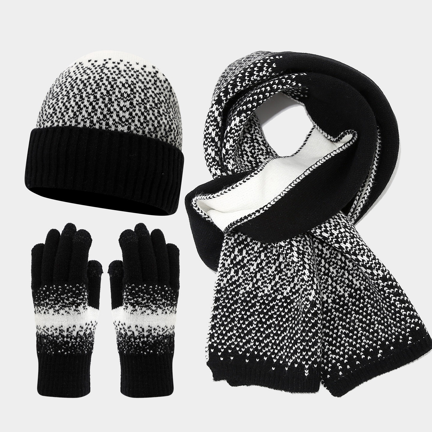Coreano de color contrastante lana sombrero de punto bufandas guantes de pantalla táctil tres piezas de otoño invierno sombrero de frío para mujeres set de calor