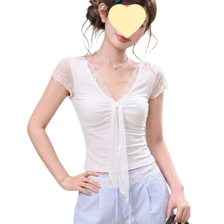 French-Style Spicy Girl White V-Neck Lace Patchwork Tie Short-Sleeve T-Shirt for Women, Summer Elegant and Beautiful Top, Thin Summer Style French-Style Spicy Girl White V-Neck Lace Patchwork Tie Short-Sleeve T-Shirt for Women, Summer Elegant and Beautiful Top, Thin Summer Style