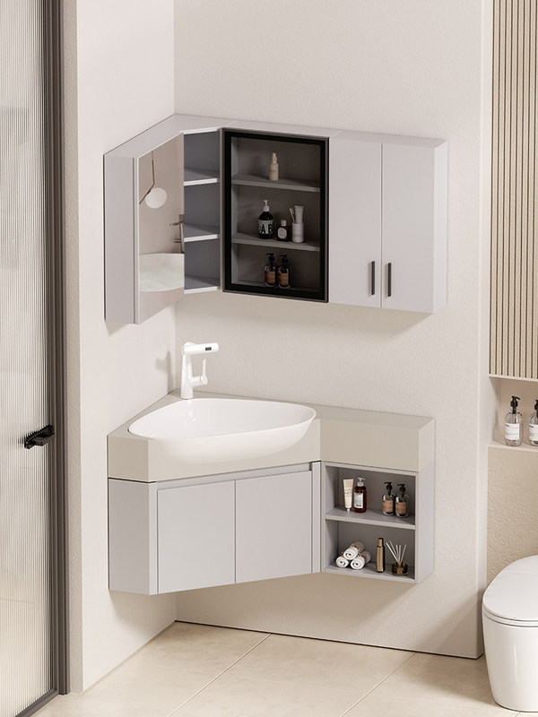 Small Corner Bathroom Cabinet Set with Large Basin, Triangular Washbasin, Irregular-Shaped Sink, and Washbasin Cabinet