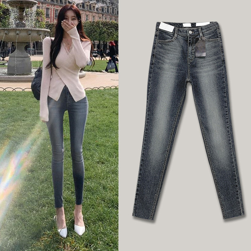 Gray blue brushed white hip-lifting skinny jeans women's spring and autumn Korean style hot girl high waist stretch slimming ankle-length pants Gray blue brushed white hip-lifting skinny jeans women's spring and autumn Korean style hot girl high waist stretch slimming ankle-length pants