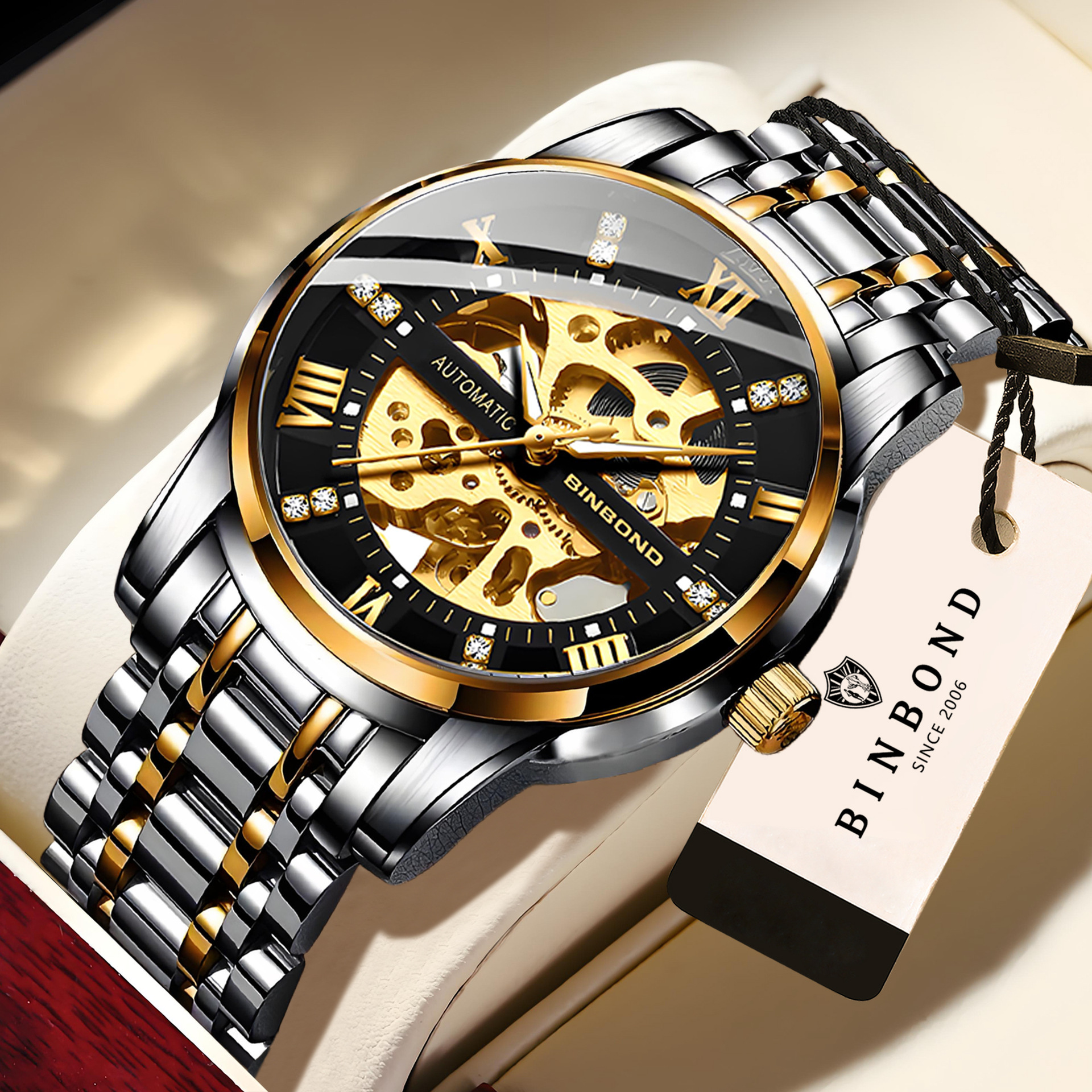 Binbang Watch Men's Automatic Mechanical Watch Hollow Luminous Waterproof Student Korean Style Simple Fashion Men's Watch