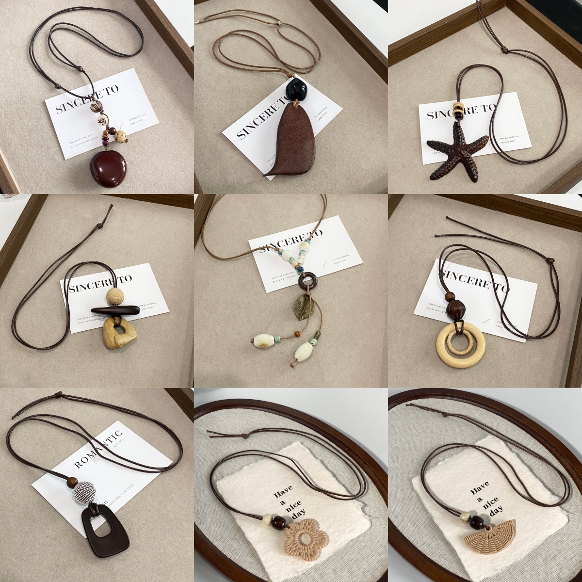New Chinese-Style Ceramic and Wood Necklace, Light Luxury Niche Retro Ethnic Style Geometric Fruit Pendant Long Sweater Chain for Women