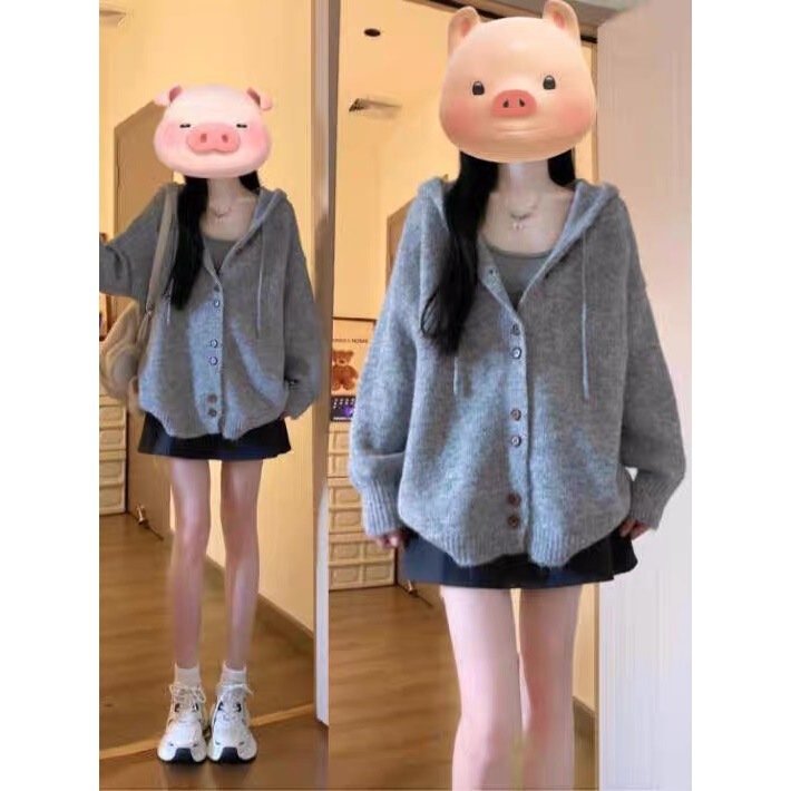 Real Price # Alpaca Wool # Gray Hooded Sweater Cardigan Jacket for Women Autumn and Winter Korean Style Loose Knitted Sweater