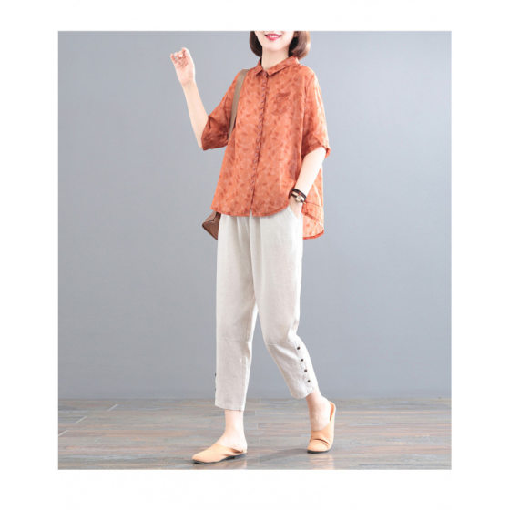 Mother's Summer Western Style Cotton and Linen suit Summer New Middle-aged and Elderly Women's Printed Top Harlan Pants Two-piece Set