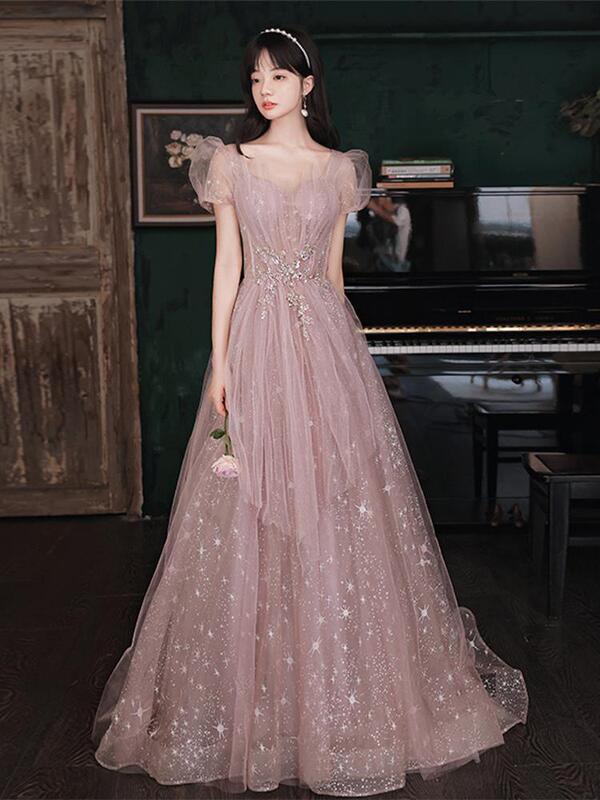Pink Wedding Dress for Women 2026 New Summer Style Elegant Socialite Host Short-Sleeved Long Banquet Evening Dress Pink Wedding Dress for Women 2026 New Summer Style Elegant Socialite Host Short-Sleeved Long Banquet Evening Dress
