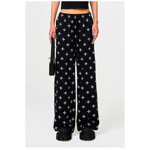 Smfk Black Garden Wide-Leg Sweatpants Drawstring Loose Pure Cotton Cross Flower Full Print Casual Pants Long Pants Sweatpants 25 Spring