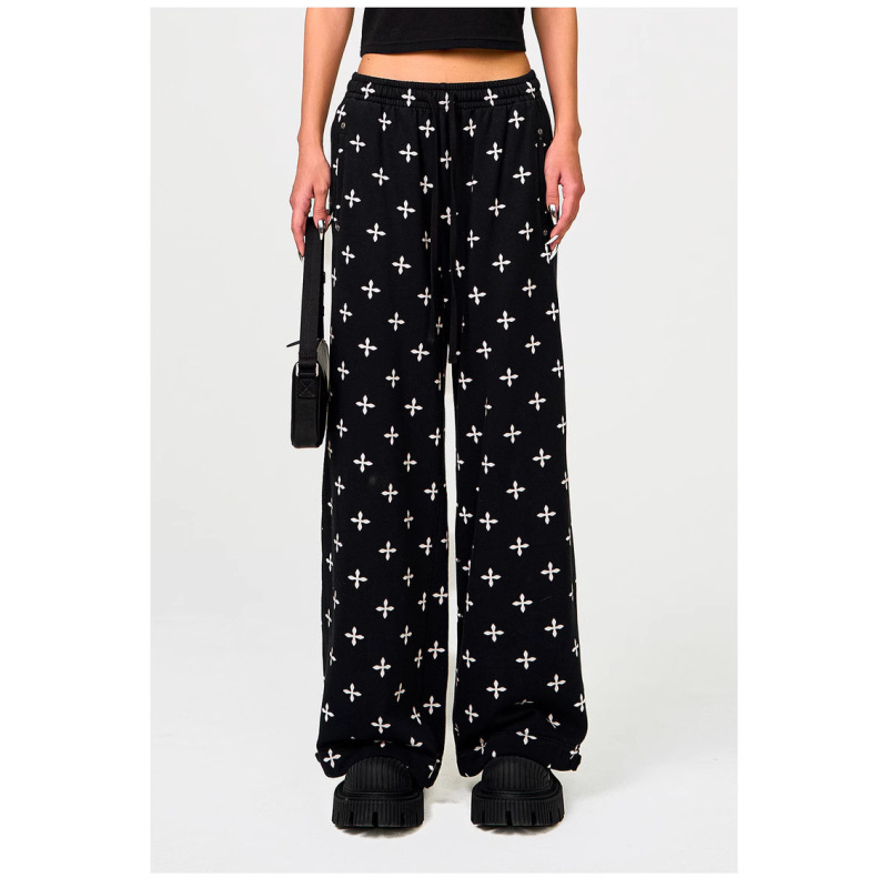 In-Stock Smfk Black Garden Wide-Leg Sweatpants with Drawstring, Loose Fit, Pure Cotton, Cross-Pattern All-Over Print Casual Pants