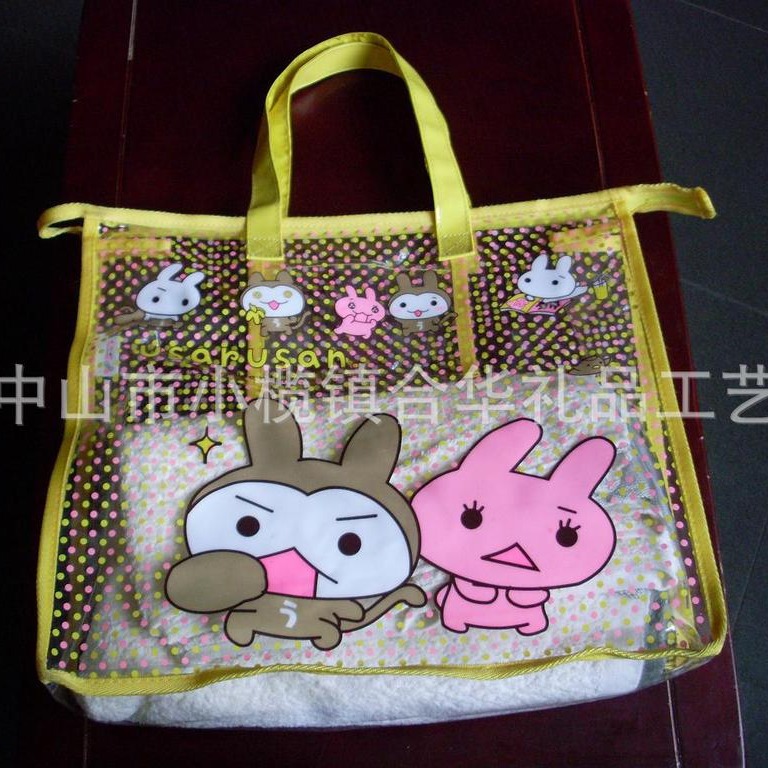 供应PVC车缝手提袋 透明休闲猴子兔挎肩提袋 可加印刷图案