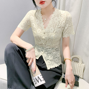 V-Neck Lace Short-Sleeved Base Shirt Women's Summer 2024 New Style Small Shirt Sexy Hollow Mesh Fashionable Top