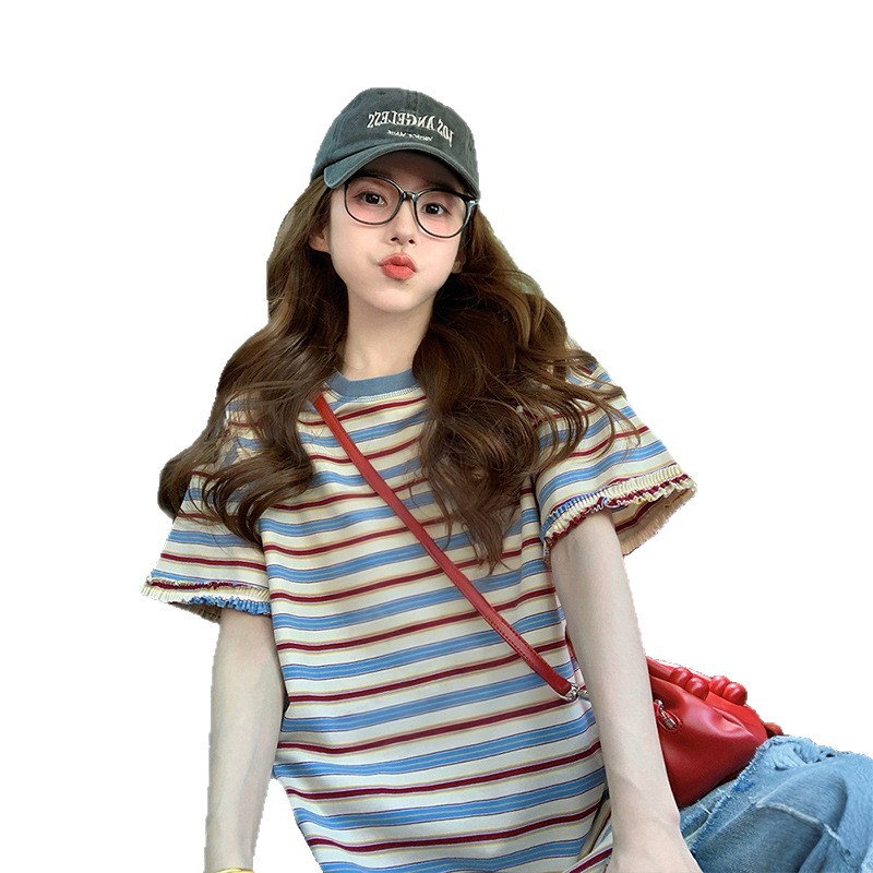 American Retro Right Shoulder Pure Cotton Short-Sleeved T-Shirt for Women Summer New Loose and Stylish Ins Contrasting Lace Stripesd Top 5