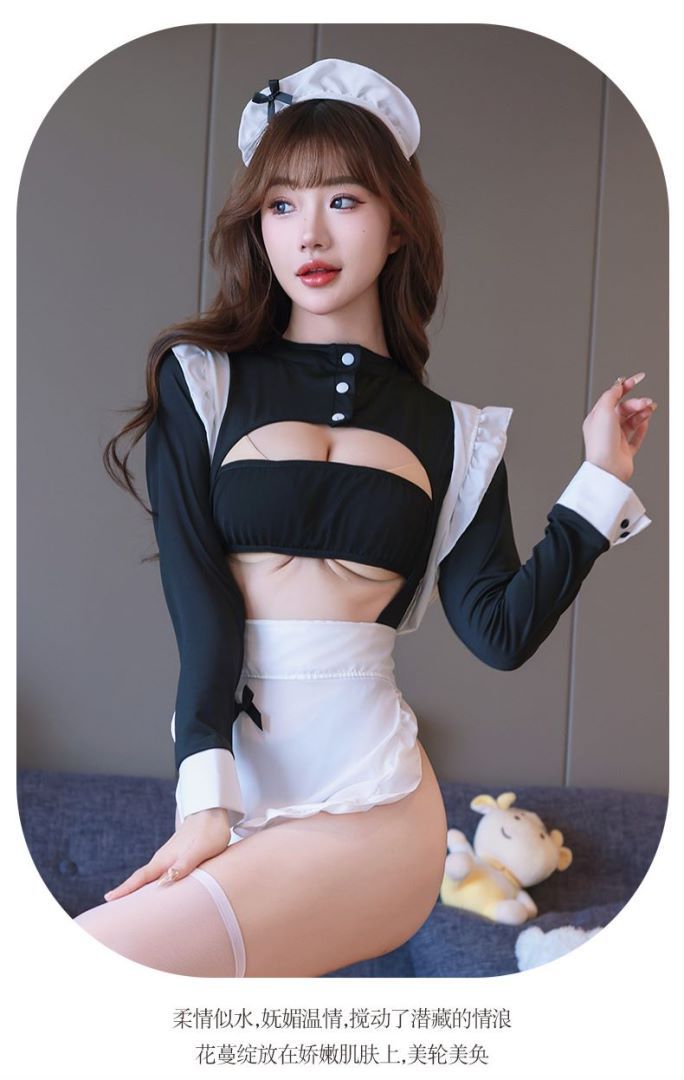 Sweet Maid Roleplay Costume Set with Open-Crotch Robe, Stockings and Short Dress — detail image 10